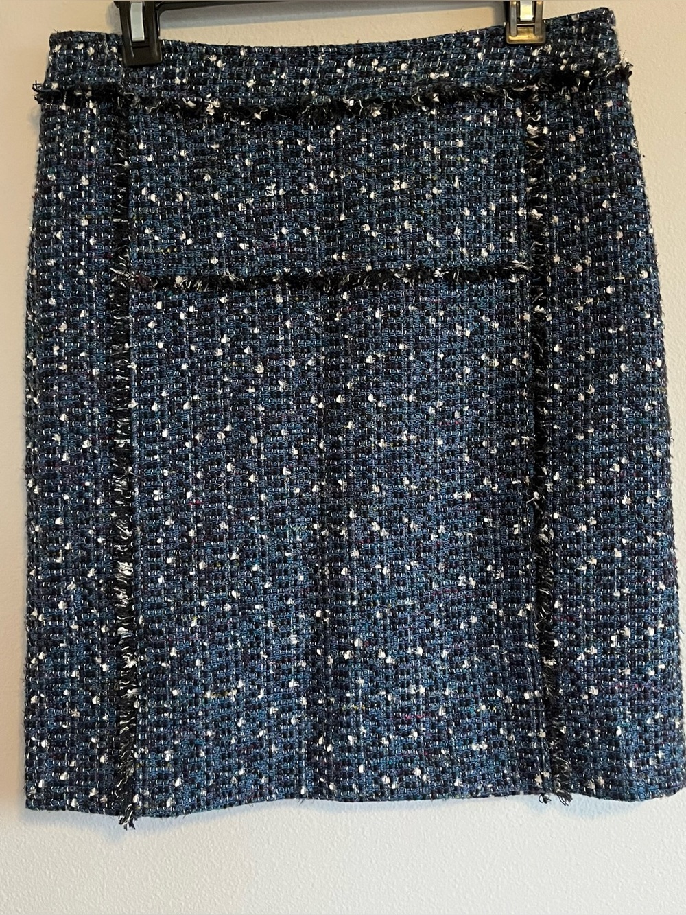 Tori Burch Blue Tweed Fringed Wool Blend Pencil Skirt Metallic Fleck Office Sz 8